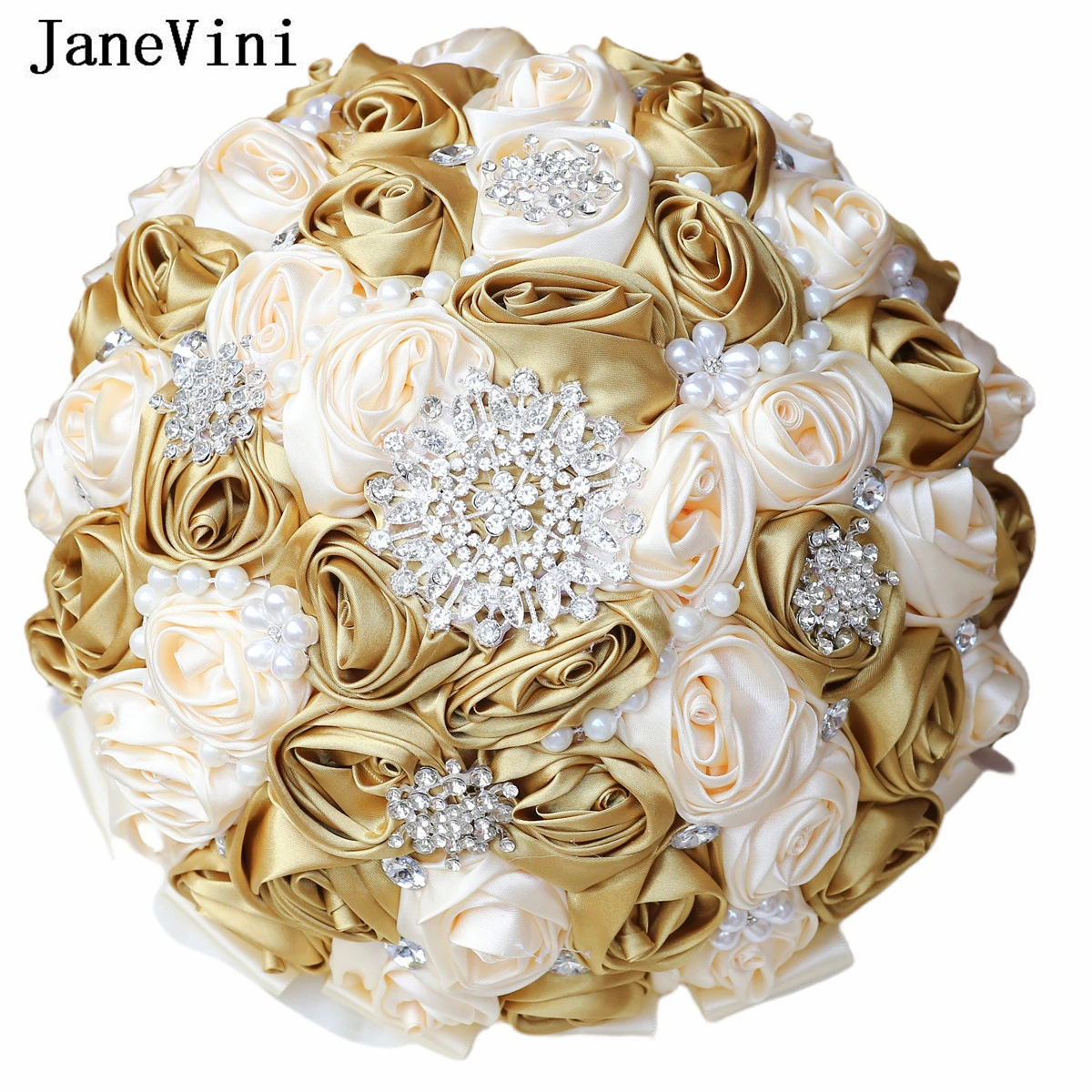 

JaneVini 2024 Luxury Gold and Apricot Bride Flower Holder Bouquet Crystal Rhinestone Bridesmaid Wedding Bouquets Bridal Jewelry