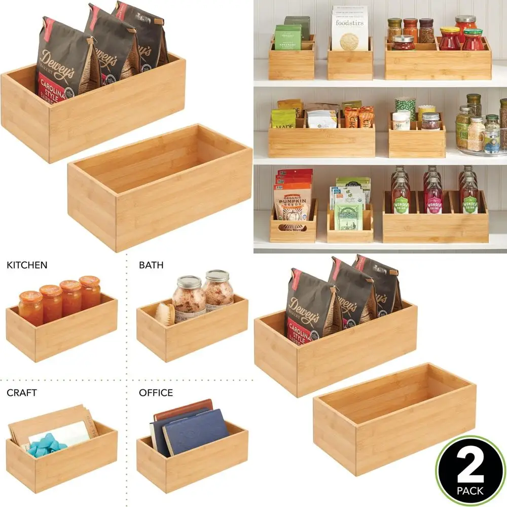 

Natural Bamboo Storage Boxes for Kitchen & Pantry, 2-Pack Organizers for Snacks, Utensils, and Beverages - Echo Collection