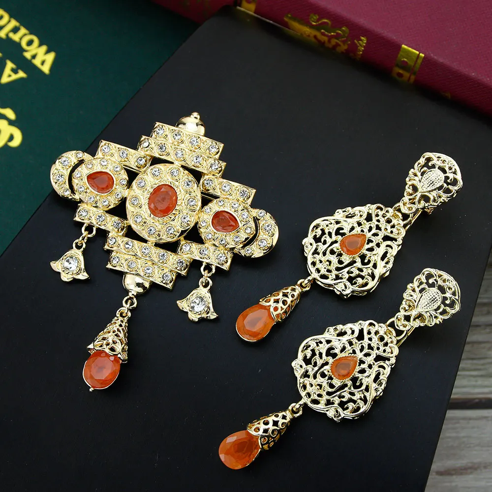 Sunspicems Elegent Morocco Bride Jewelry Sets For Women Caftan Brooch Pins Long Drop Earring Crystal Arabic Scarf Brooch Set
