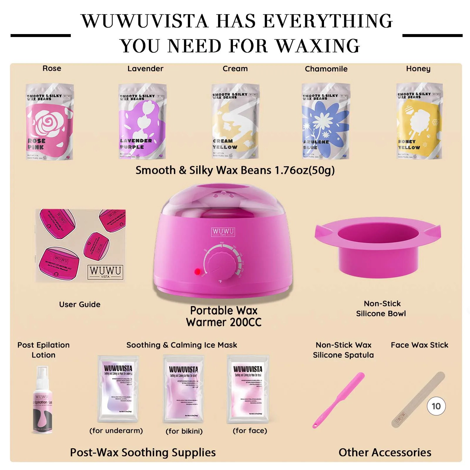 WUWUVISTA 23-Piece Waxing Kit Hair Removal Set with Wax Warmer And Wax Beads for Face Brazilian Full Body Bikini - Christmas Gift Idea