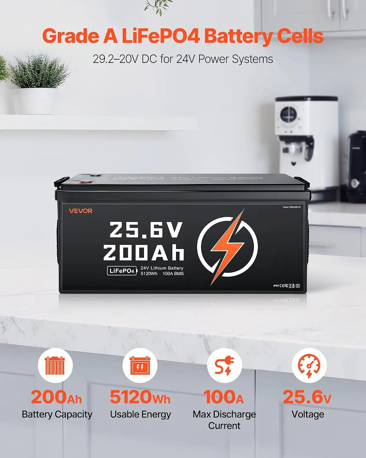24V 200Ah LiFePO4 Lithium Battery 4000+ Cycles Built-in 100A BMS, Customized