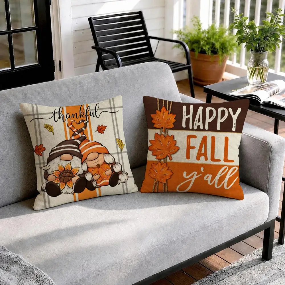 Fall Gnomes Pumpkin Daisy Cushion Cover Natural Linen Organic Fabric Double-Sided Printing Sofa Home Decor Gift Pillow Cover