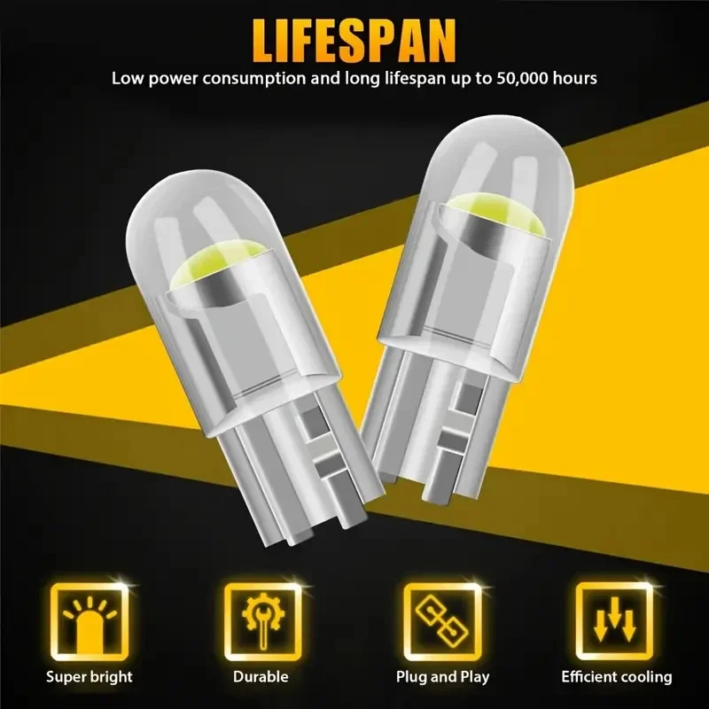 10PCS  Newest W5W Led T10 Car Light COB Glass 6000K White Auto Automobiles License Plate Lamp Dome Read DRL Bulb Style 12V