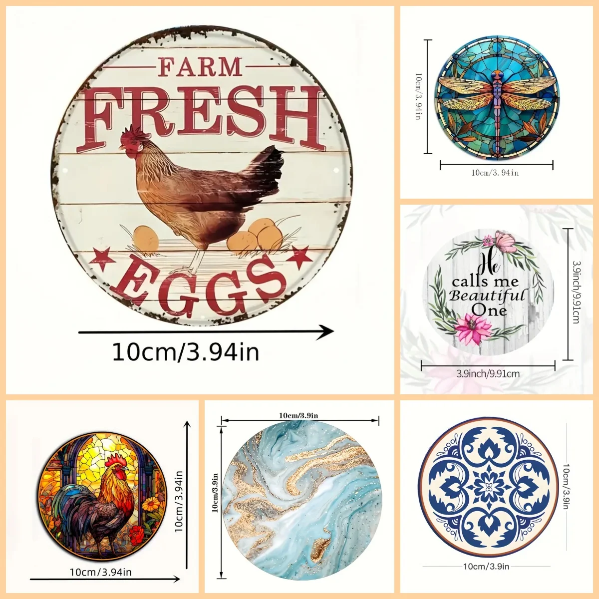 6 Pieces of round Coaster rooster, Dragonfly, letter Pattern pattern Wooden material Family dinner Desktop Decoration