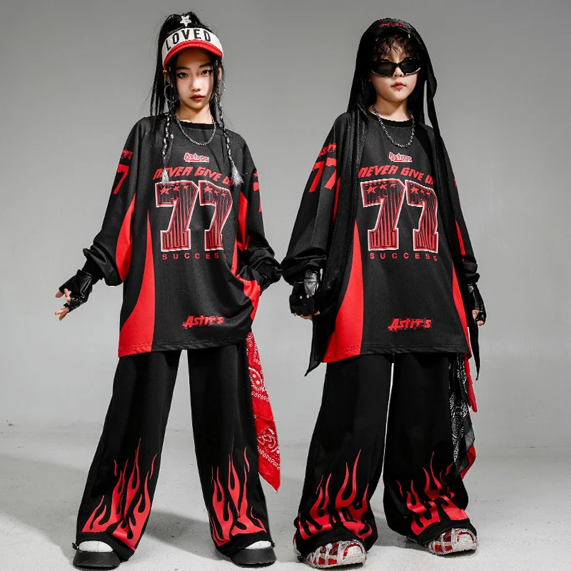 Hip Hop Kostüm Für Mädchen Jungen Schwarz Rot Flamme Show Bühne Outfits Jazz Dance Performance Tragen Party Street Dance Tragen XH2099
