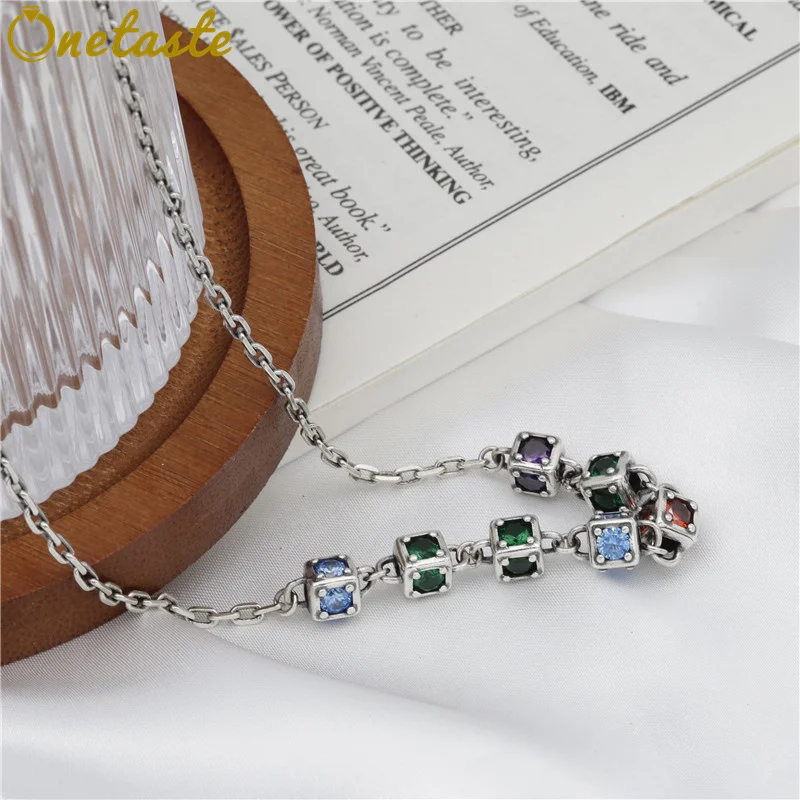 Real S925 Silver Colored Square Zircon Choker Necklace Korean Style Simple Cool Collarbone Chain Necklaces 2022 New Trend Gift