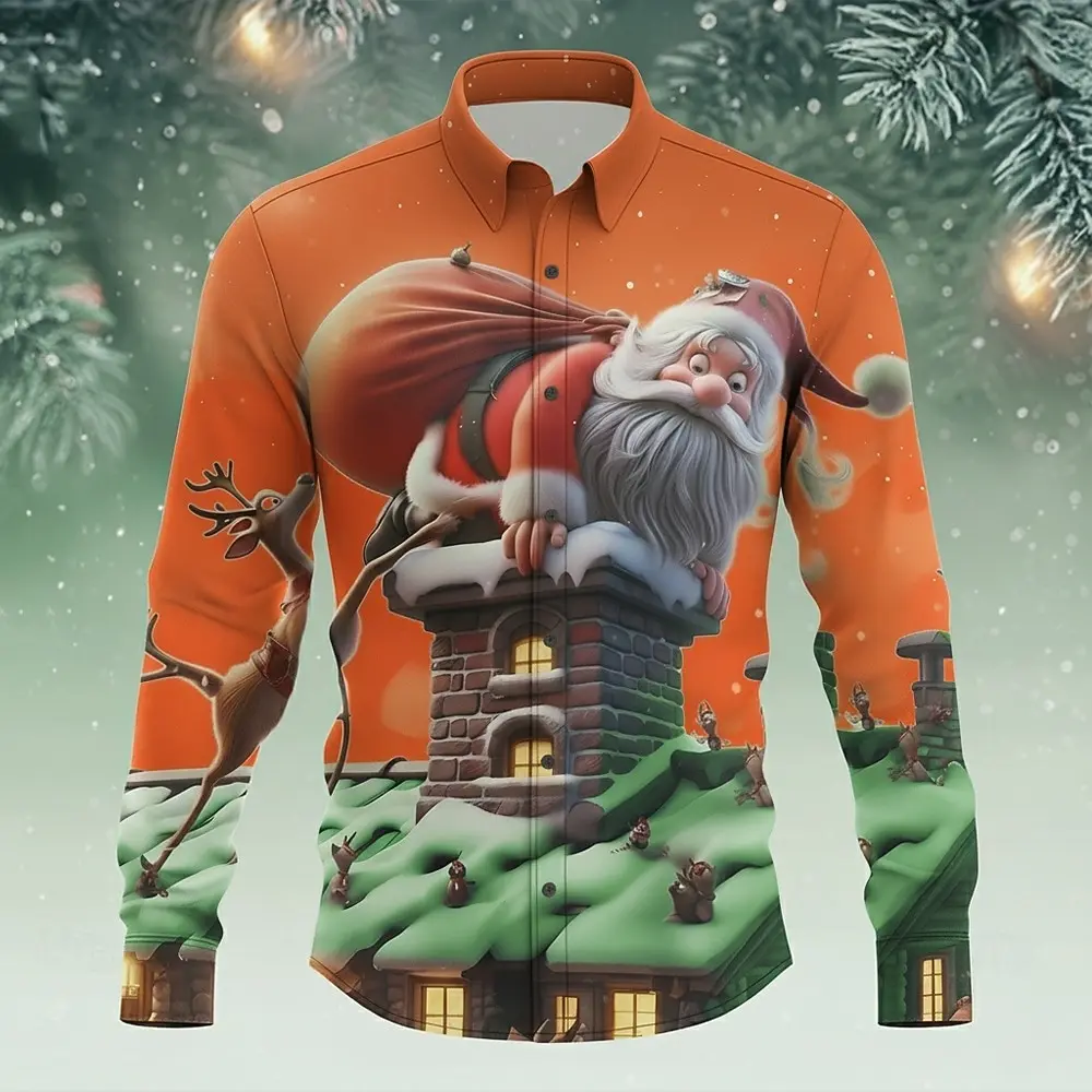 عيد الميلاد الرجال سانتا كلوز الرنة مضحك عيد الميلاد قميص زر يصل قميص طويل الأكمام مضحك هدايا عيد الميلاد عطلة ربيع الخريف