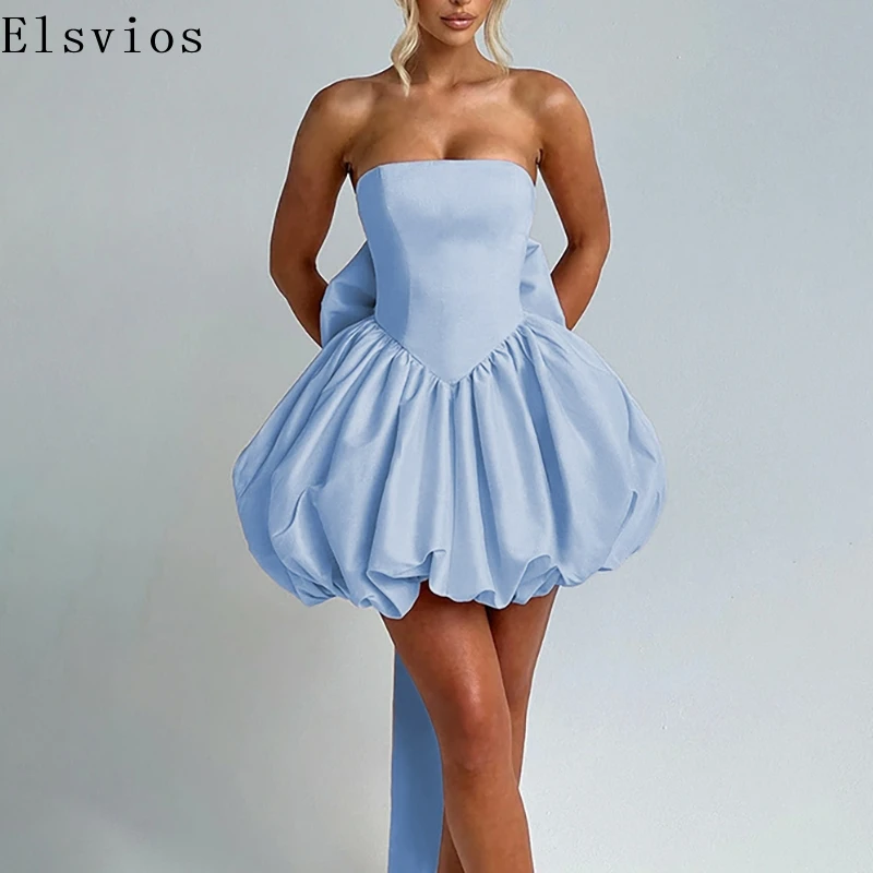 Elegant Backless Bow Slim Party Dress Fashion High Waist Sleeveless Solid Mini Dress Lady Sexy Strapless Pleat Prom A-Line Dress
