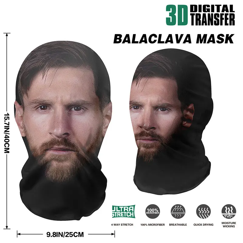 Lucu terkemuka sepak bola bintang masker wajah Leo Messi 3D penutup kepala uniseks bandana perlindungan matahari Cosplay penutup wajah syal hiasan kepala