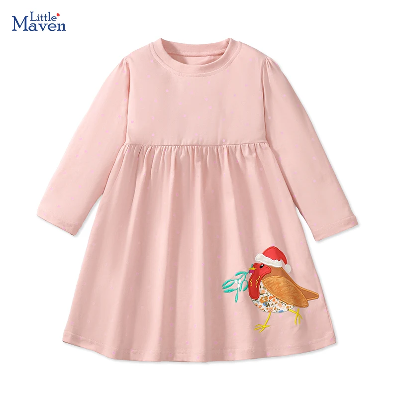 Little maven Kids Clothes Children\'s Clothing Girls 2024 New Autumn Spring Long Sleeves Embroidered Cartoon Birds Dress Cotton