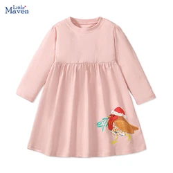 Little maven Kids Clothes Children's Clothing Girls 2024 New Autumn Spring Long Sleeves Embroidered Cartoon Birds Dress Cotton