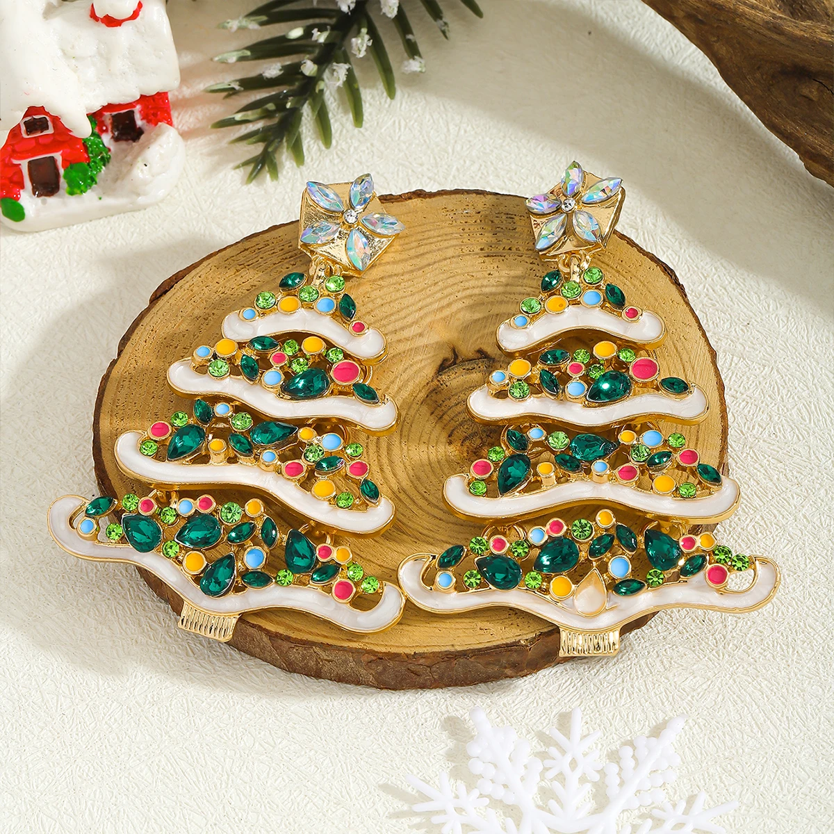 زوج واحد من الأقراط المتدلية لشجرة عيد الميلاد، إكسسوارات أذن من سبائك الزركون الملونة اللامعة، هدية لحفلات العطلات ﻿