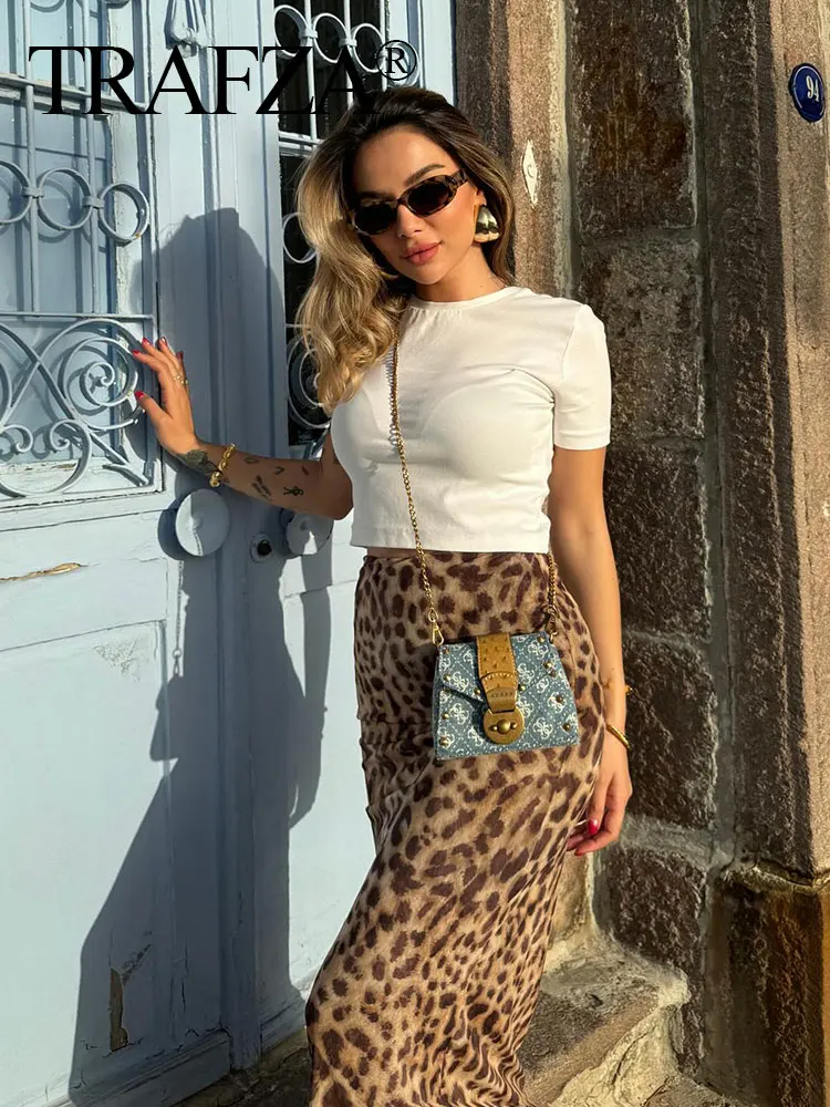 TRAFZA Vintage Skinny Leopard Print Midi Skirt For Women 2024 Summer Fashion Slim Elastic Waist Street Skirts Retro Sexy Bottoms