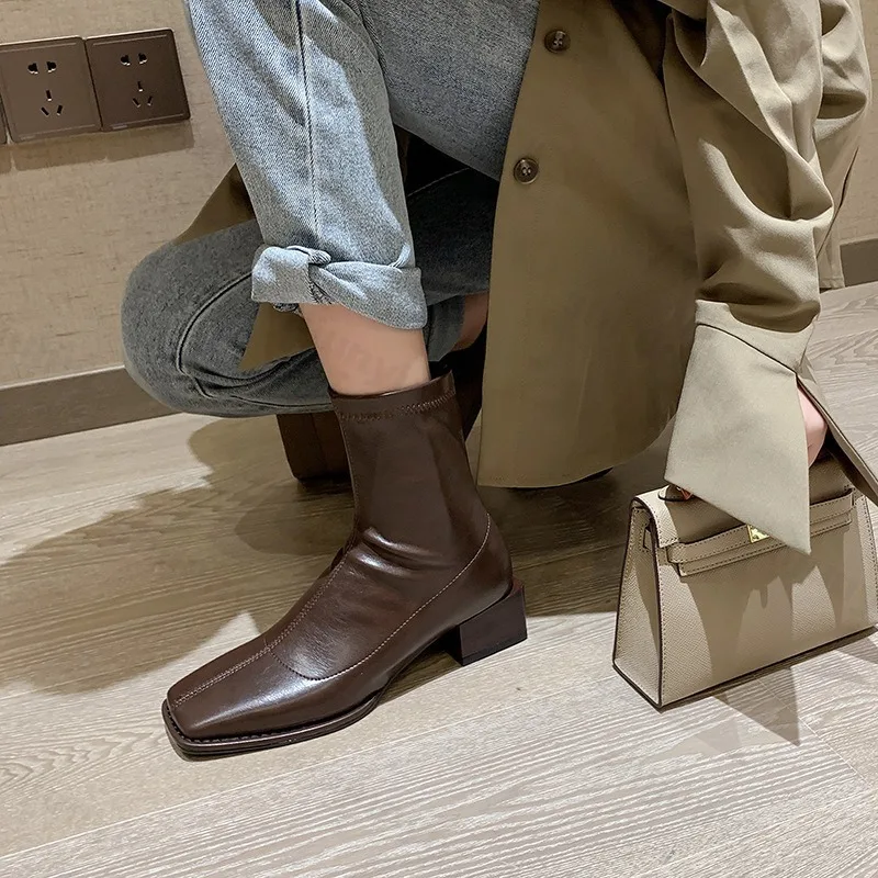 2025 Spring Autumn Women Ankle Boots Britain Square Toe Short Boot Ladies Casual Low Heel Shoes Fashion Leather Shoe Mujer Botas