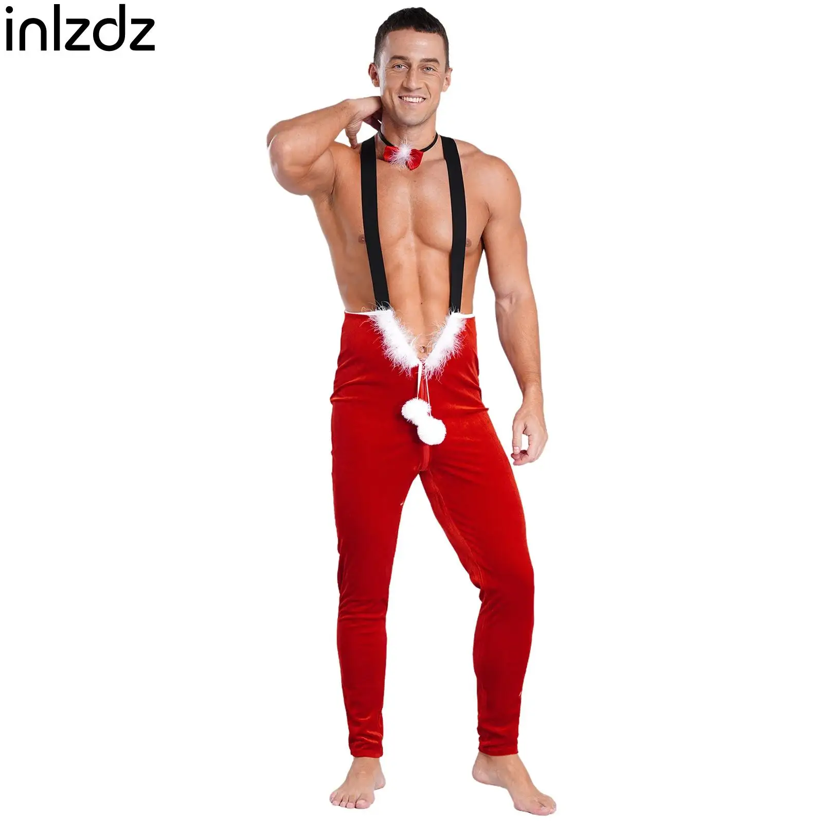 

Sexy Mens Festival Christmas Cosplay Costume Plush Ball Zipper Strap Jumpsuit with Bowknot Neckband for Stage Performance Party
