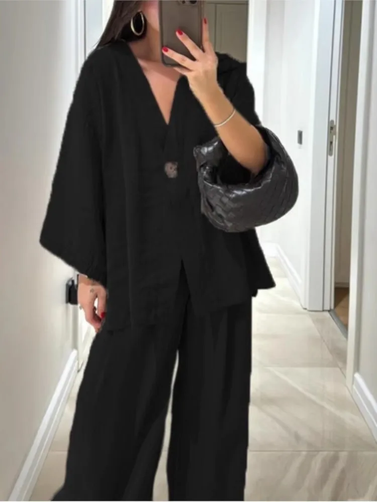 แฟชั่น V คอเก้าจุดแขนเสื้อสเวตเตอร์ถัก + กางเกงขากว้าง 2 ชิ้นชุดผู้หญิง Elegant สีทึบหลวมชุดลําลองหญิง