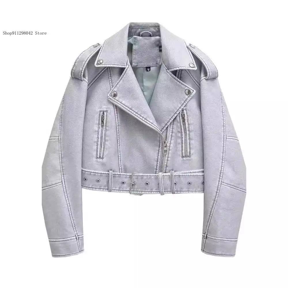Spring and Autumn Winter European and American Street Washed Imitation Leather Motorcycle Jacket Pu Leather Coat for Women