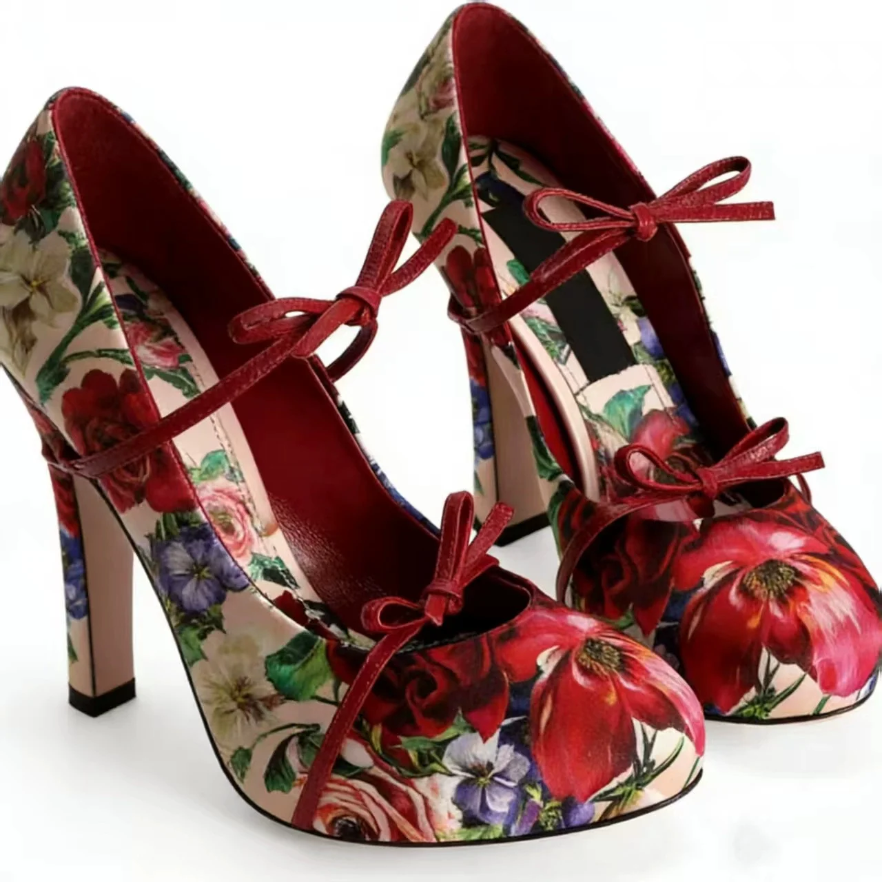 Women's Floral Print Mary Jane Heels Red Bow Accent Round Toe Satin Pumps Elegant Footwear for Events Dates All-Season Stylish