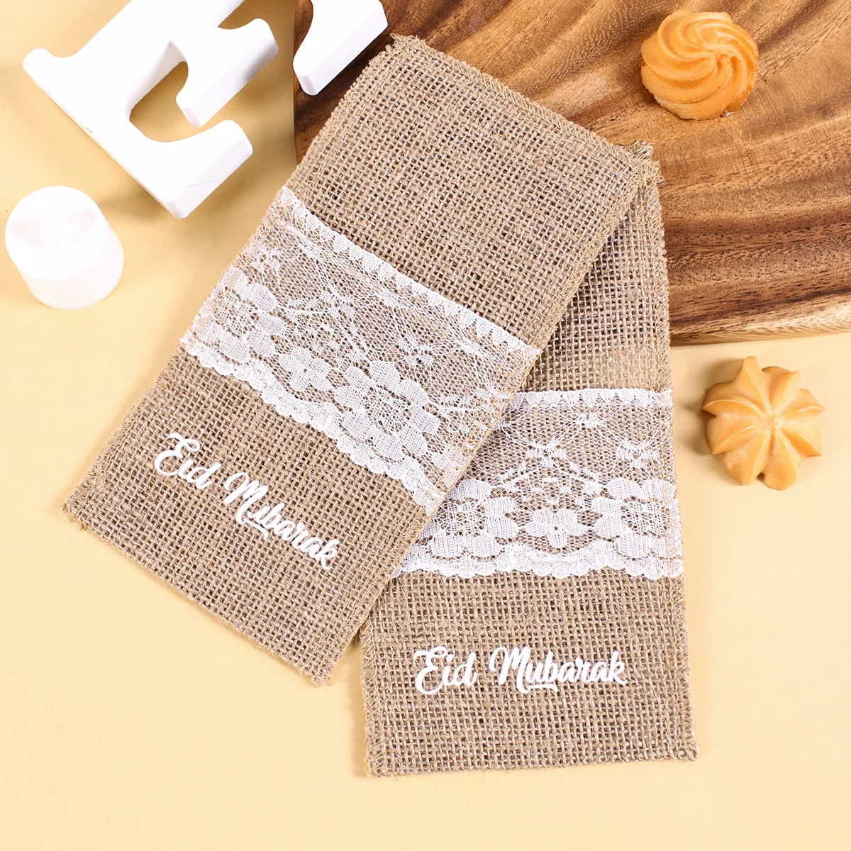 5 قطعة الخيش الدانتيل أدوات المائدة حامل الأكياس حقيبة أدوات المائدة الزفاف لوازم الحفلات هسه ريفي الجوت الجدول اكسسوارات الديكور #3