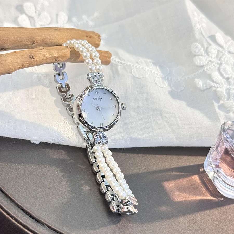 

Женский двухрядный жемчужный тонкий браслет из сплава, корпус для часов со стразами, французские элегантные модные сказочные кварцевые часы