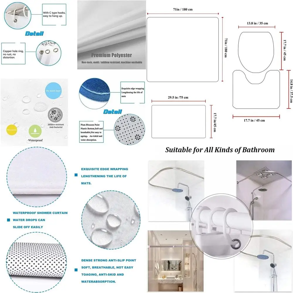 

4-Piece Bathroom Set: 72 Shower Curtain, Toilet Seat Cover, Mats, Non-Slip, Waterproof