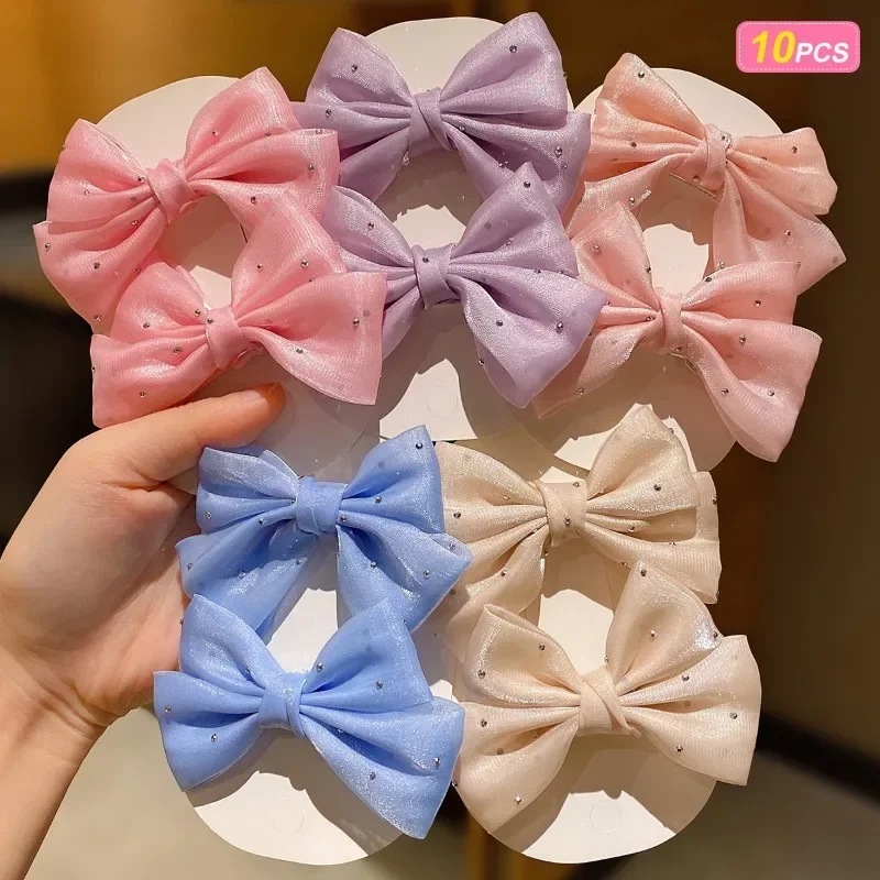 2/10pcs/set Lovely Bow Hairpins Solid Color Gauze Bows Clip for Kids Sweet Soft Hair Clips Pink Princess Girls Hair Accessories