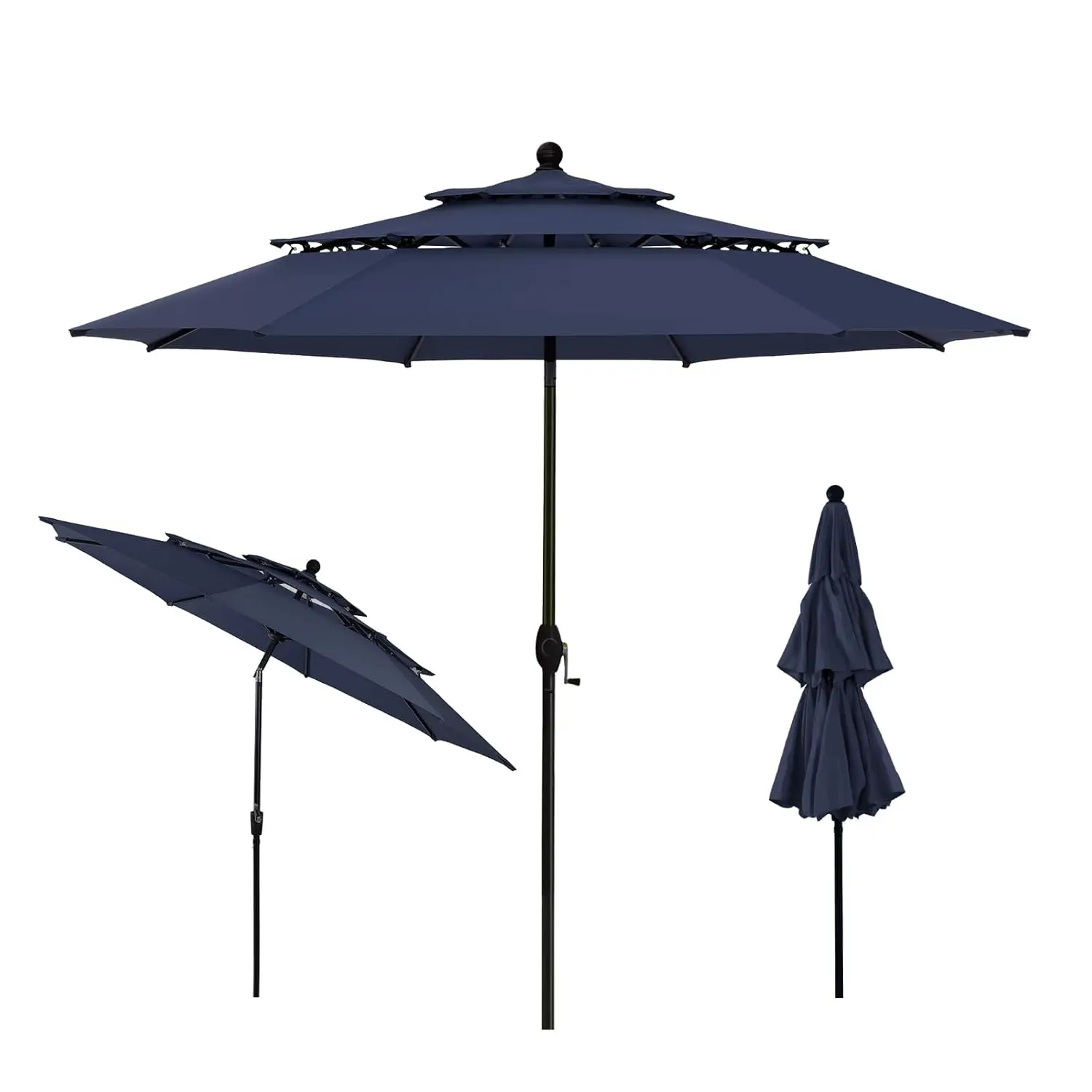 #￥for10ft 3-Tier Outdoor Patio Umbrella Auto-Tilt 1.5in Pole 8 Ribs UV-Resistant Navy Garden Deck Pool, Customized