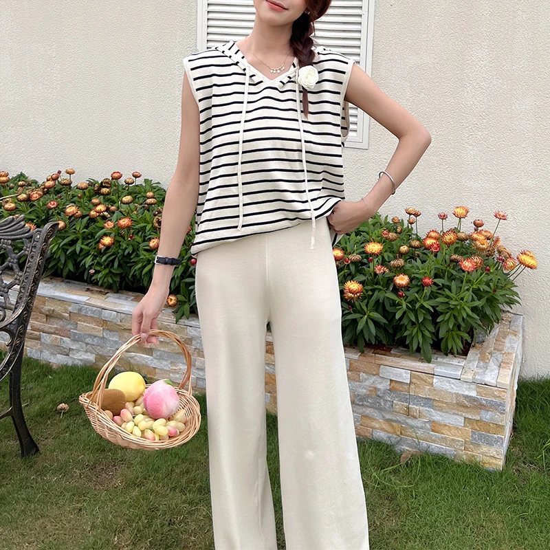 Hooded Drawstring Striped Top Sleeveless Vest Knit 2-Pieces Set Wide Leg Pant Long Solid Trouser Women Clothing Casual Summer