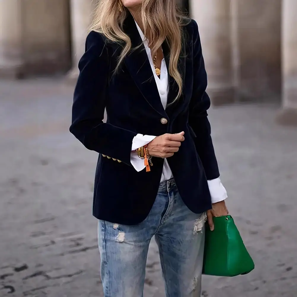 Notched Collar Suit Jacket Elegant Velvet Suit Coat with Notched Collar Single Button Closure Versatile Office for Stylish