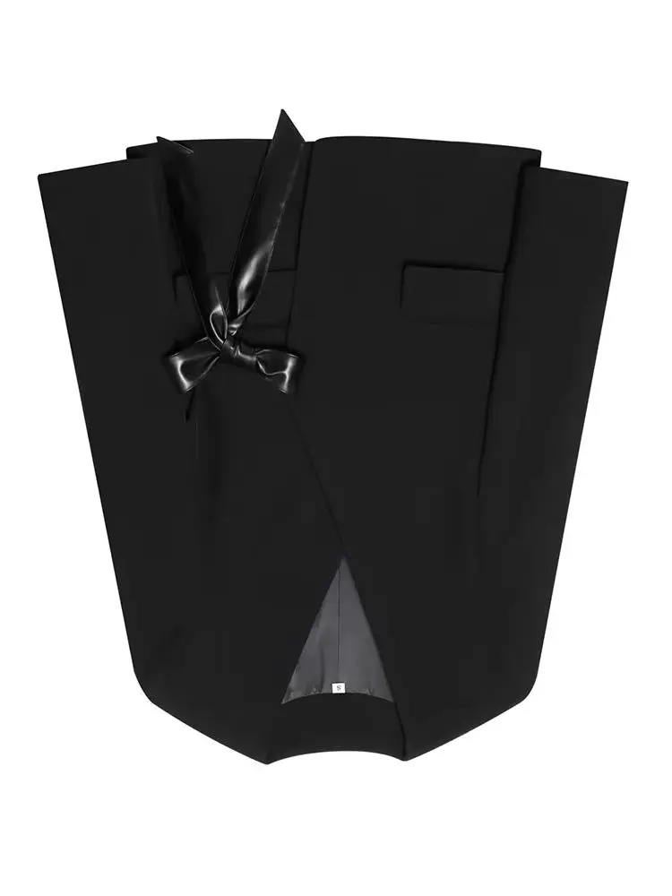 HH امرأة موضة الخريف الخامس طوق الكتفين جيب طويلة الأكمام الشريط القوس الديكور السترة الإناث عادية أنيقة سليم صالح البدلة