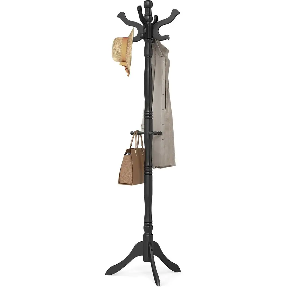 

Solid Wood Standing Coat Rack with 11 Hooks, Ideal for Hallway or Entryway, Holds Bags, Hats, and More, Ink Black