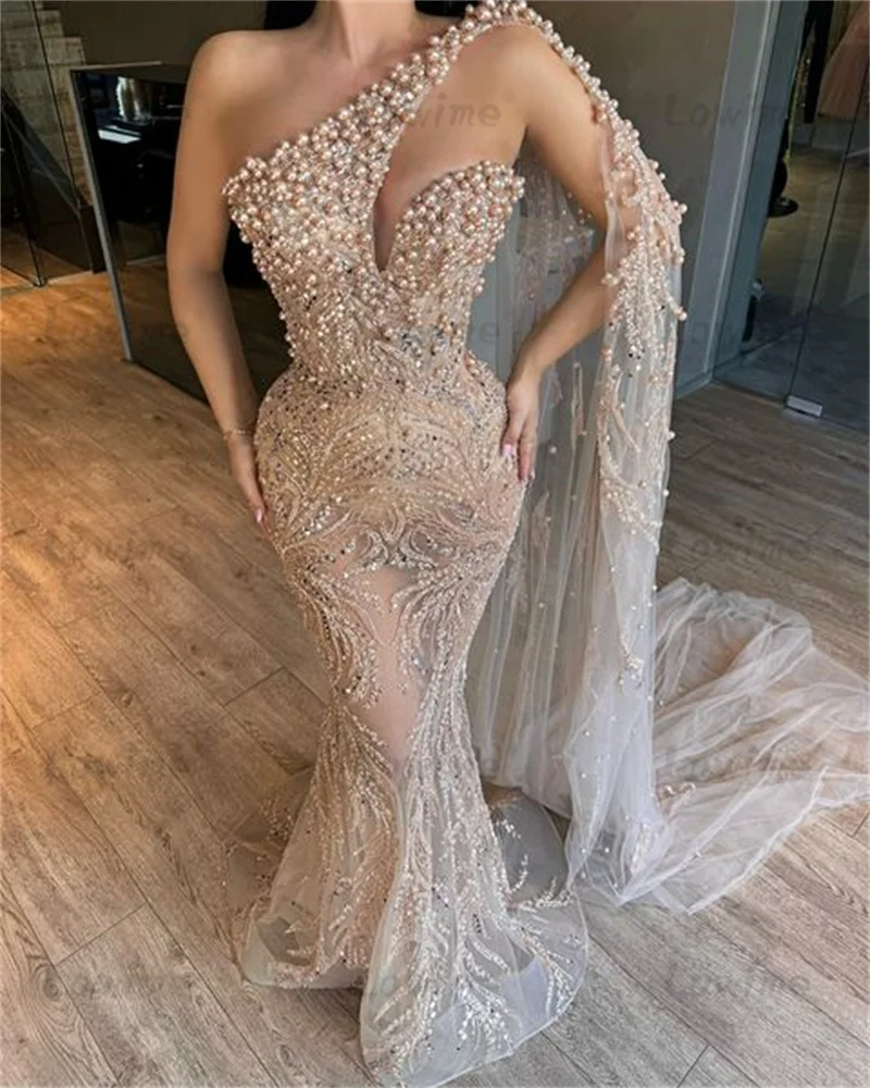 One Shoulder Cape Sleeve Pearls Prom Dress Mermaid Long Party Dresses Women Beaded Birthday Engagement Thanksgiving Gowns Robe