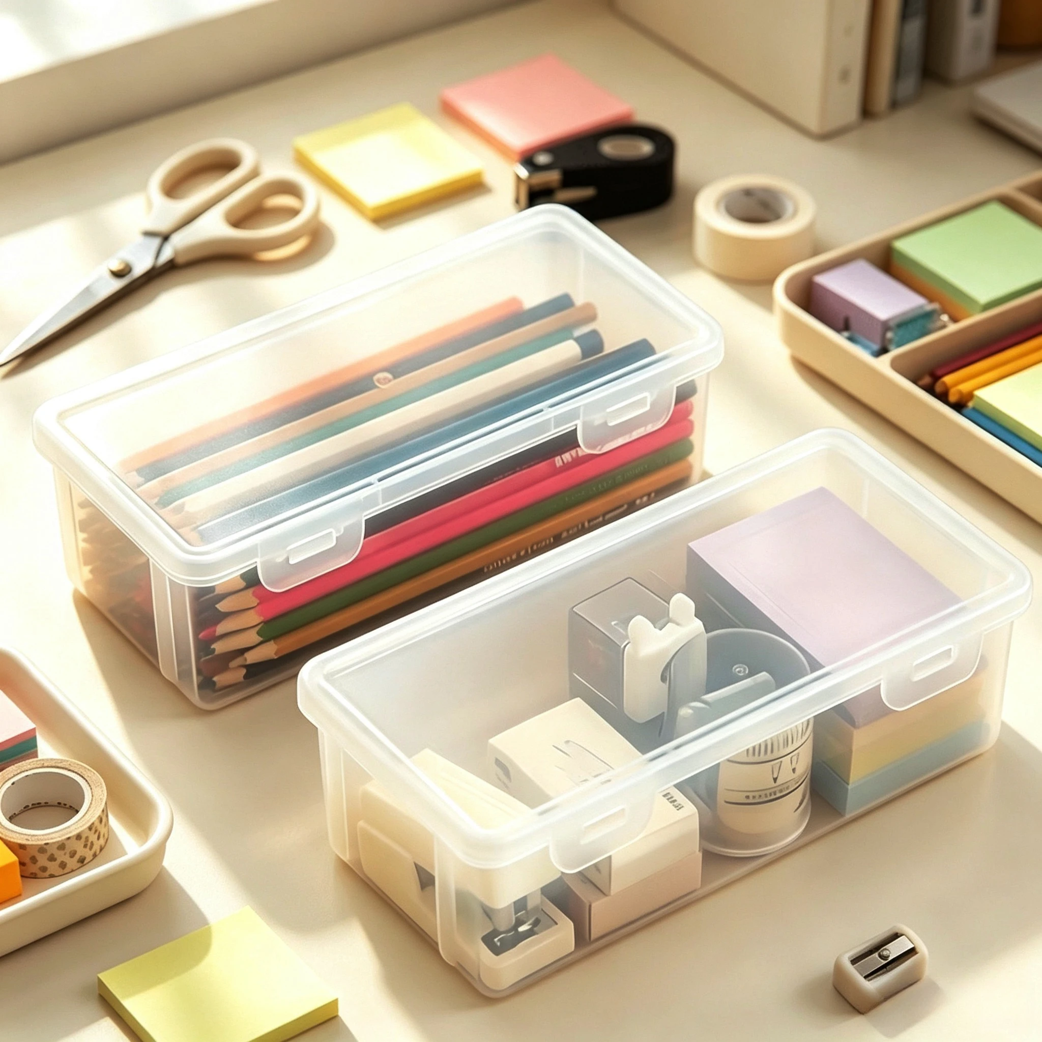 2pcs Large Capacity Transparent Plastic Pencil Boxes,Portable Tension Mount Storage Organizer for Oil Pastel,Crayons Pencil Tray