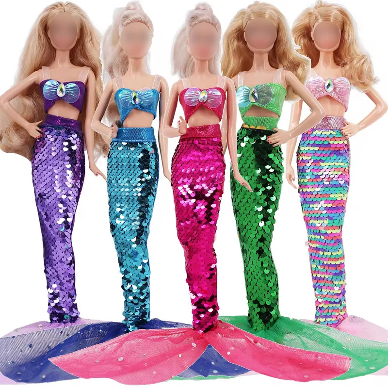 Mermaids Shinny Doll Dress Sequin Fish Tail Gown Lace Skirt TopPrincess Party Outfit Clothes for Barbie Doll Accessories Kid Toy