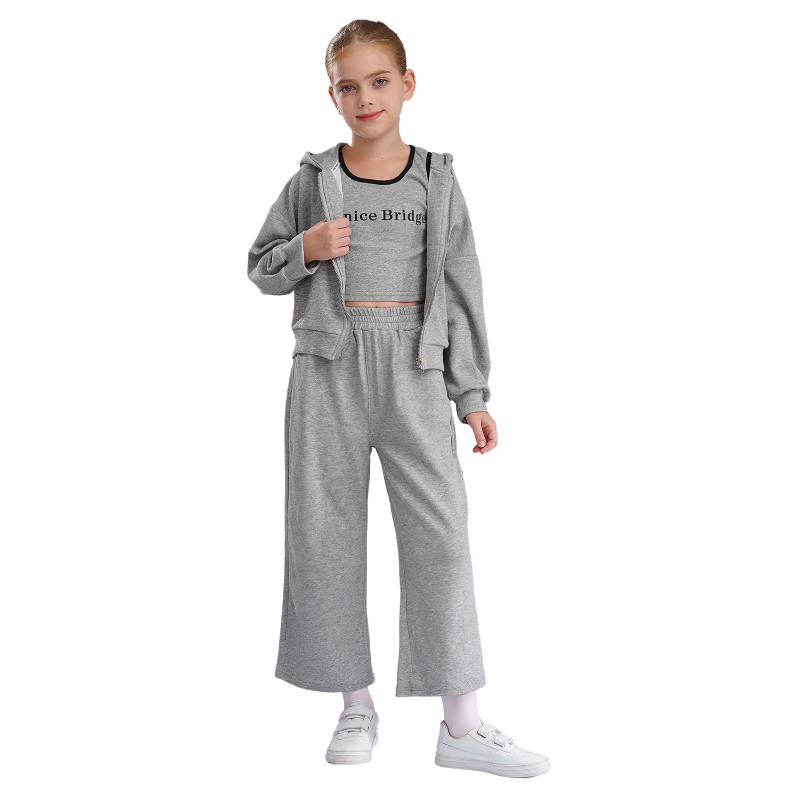 

3Pcs Girls Casual Sport Outfit Tracksuit Letter Printed Vest with Long Sleeve Hooded Sweatshirt Jacket And Straight-Leg Pants