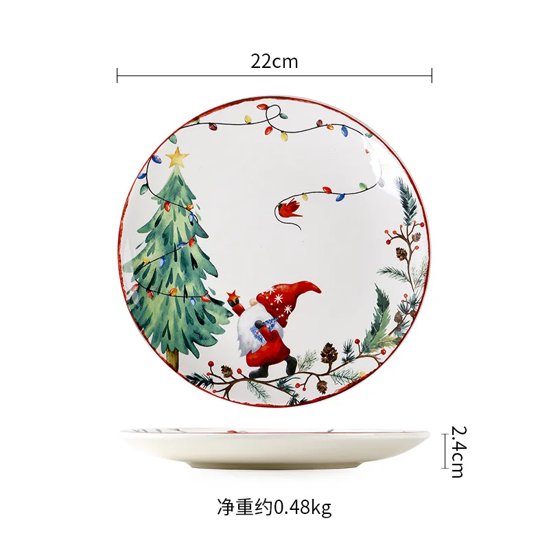 Amerikaanse keramische creatieve kerstbord met onderglazuurkleur, platte ronde bord voor huishoudelijk gebruik, dim sum decoratief bord
