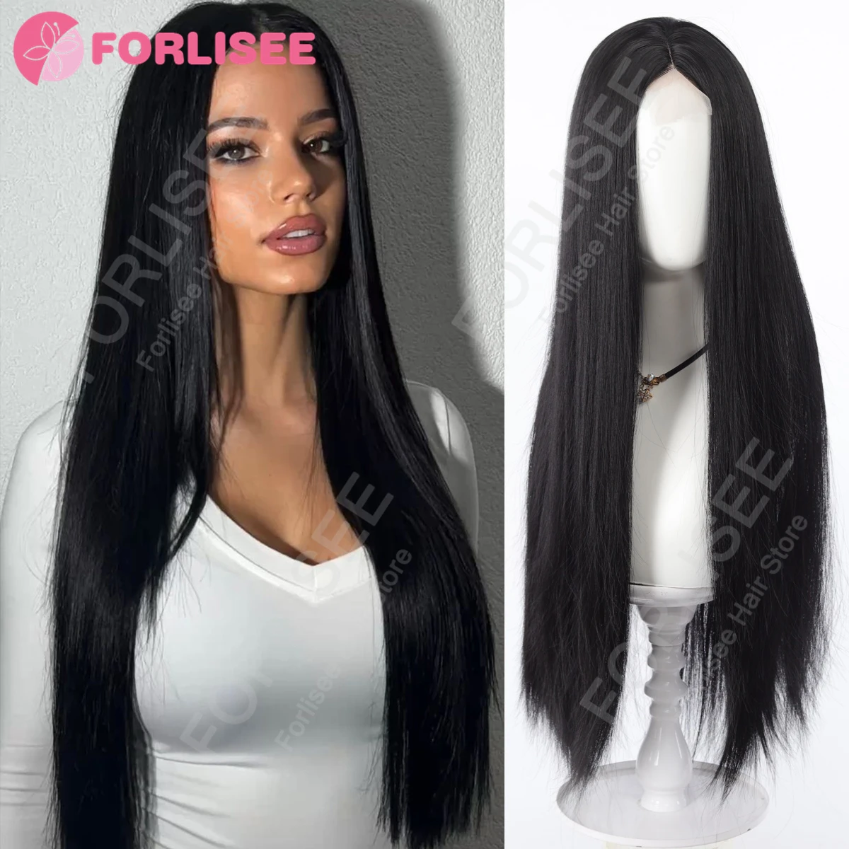 

Black Wig for Women Long Straight Hair Headband Lace Front Wig Cosplay Temperament for Daily Use Lolita Black Synthetic Wigs