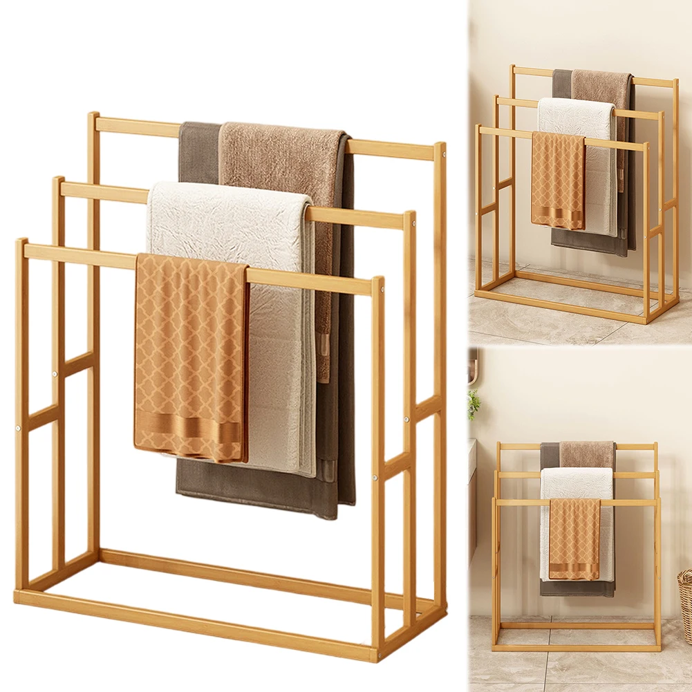 

Wood Vertical Towel Rack with 3 Hanging Crossbars 3 Tier Standing Towel Rack Floor Towel Rack for Bathroom Dorm Bedroom Pool