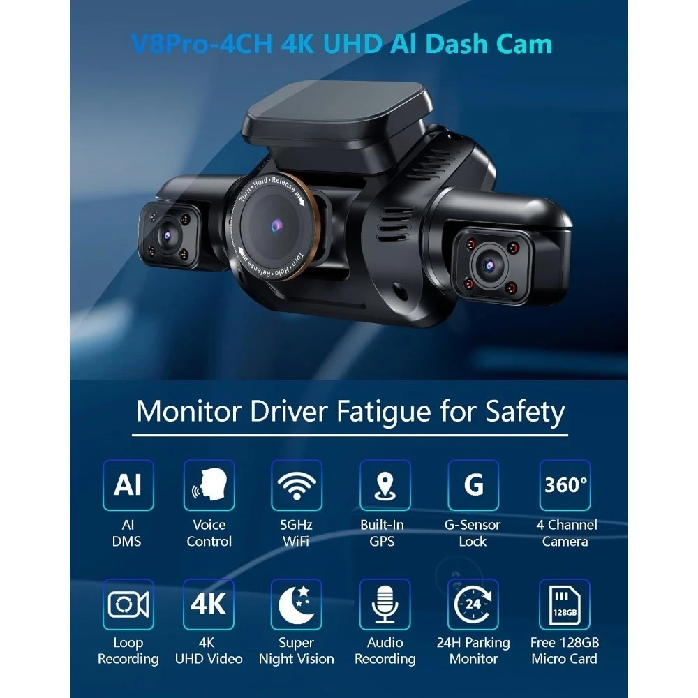 شعبية - كاميرا داش AI أمامية وخلفية مع نظام مراقبة السائق، 360 درجة °   كاميرا سيارة 4K، كاميرا 4 قنوات للسيارات مدمجة بنظام WiFi GPS