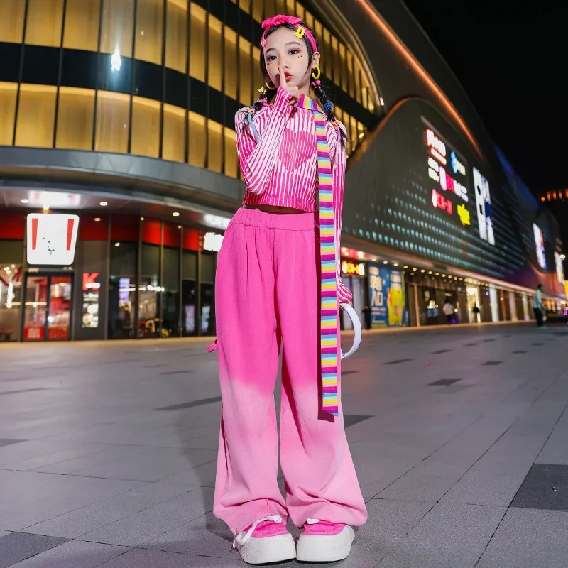 Neue Mädchen rosa Jazz Tanz Kostüm gestreifte Tops Baggy Pants Hip Hop Kinder Performance Anzug Rave Outfit Teenager Street Dance wear