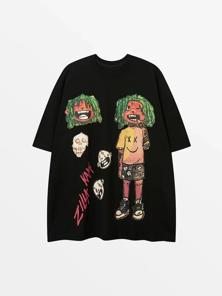 Oversized Graffiti T Shirt Men Streetwear Cartoon Tee ZIKY KAMI Hand Drawn Art Graphic Cotton Fashion Top