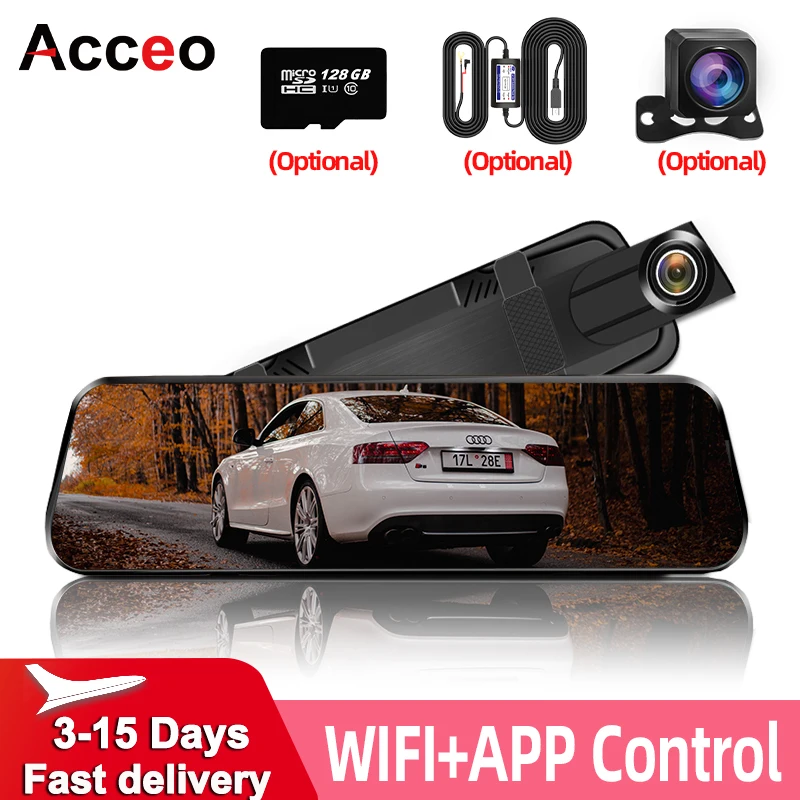 Acceo 9.66 Inch Touch Screen Dash Cam Car DVR Mirror Recorder with Rear View Camera Night Vision and 24H Parking Mode Black Box