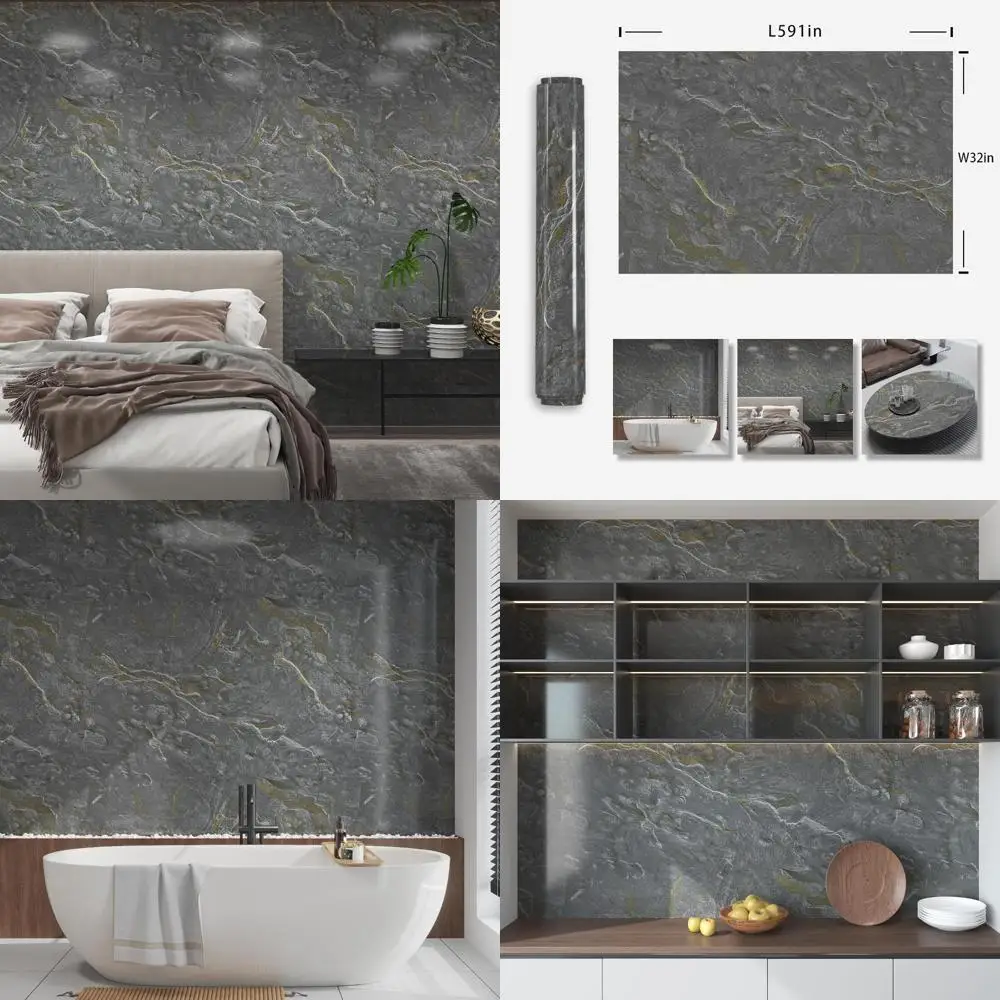 ورق اتصال على سطح الطاولة قابل للتقشير واللصق من الجرانيت اللامع مقاوم للماء وقابل للإزالة باللون الرمادي الذهبي للخزائن وتزيين الجدران