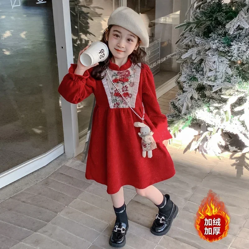 Girls' Clothes Winter Medium And Large Children Plus Velvet Thickening Princess Dress Little Girl New Year Re