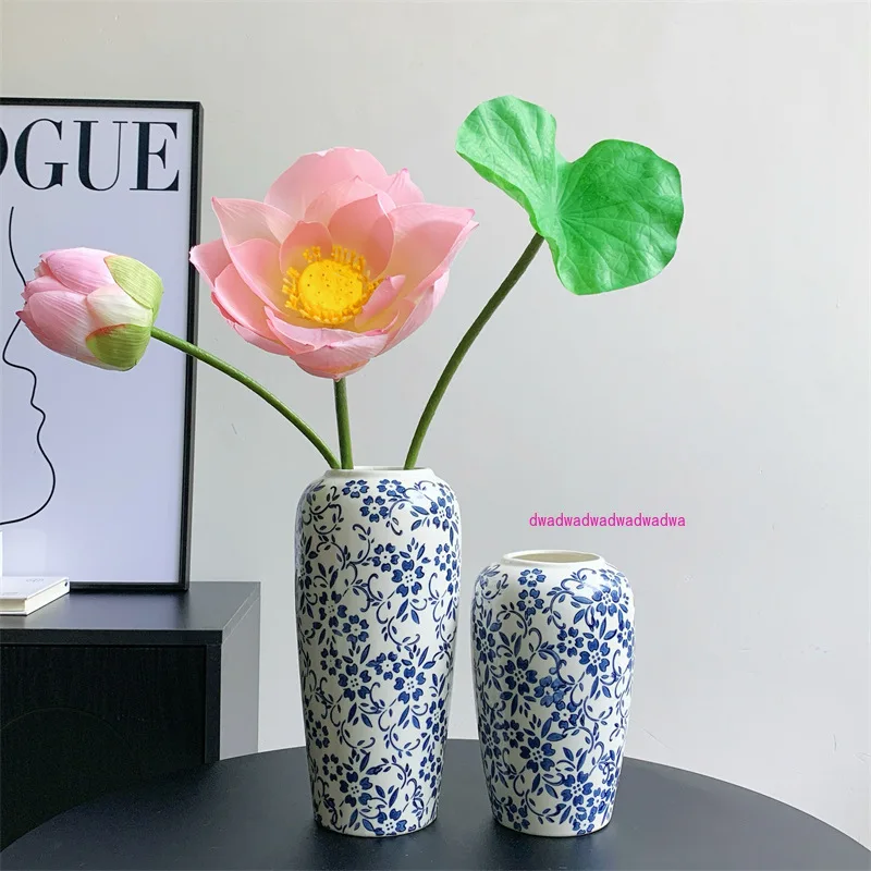blue-white porcelain ceramic vase, retro pattern ornament in living room, high-end sense antique arrangement vase flower ware