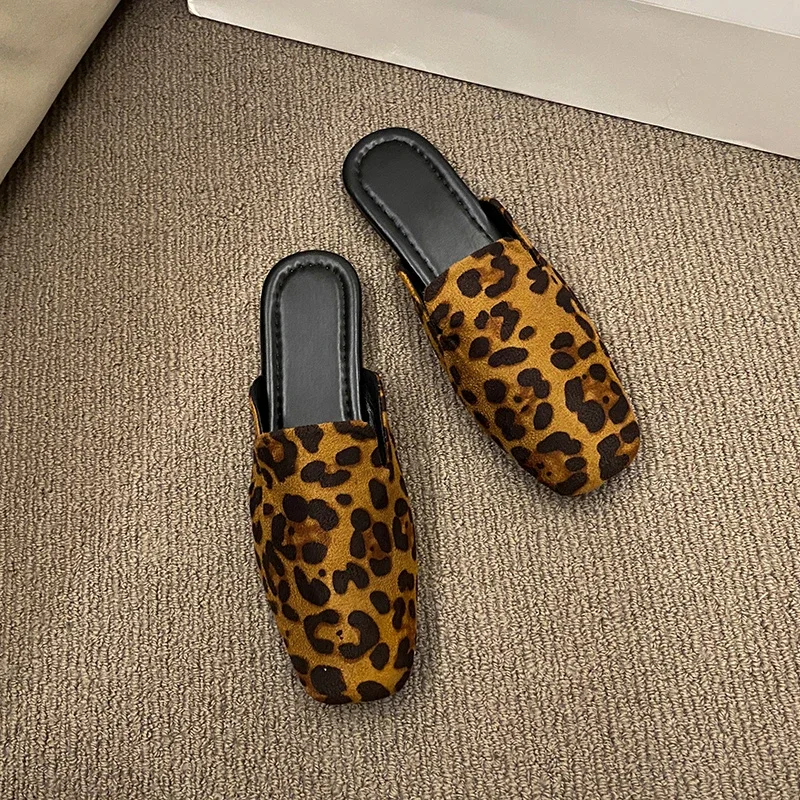 Fashion Leopard Mules Shoes Women Fur Slippers Velvet Ladies Low Heel Flower Decoration Sandals Woman Flip Flops 42 Size Slides