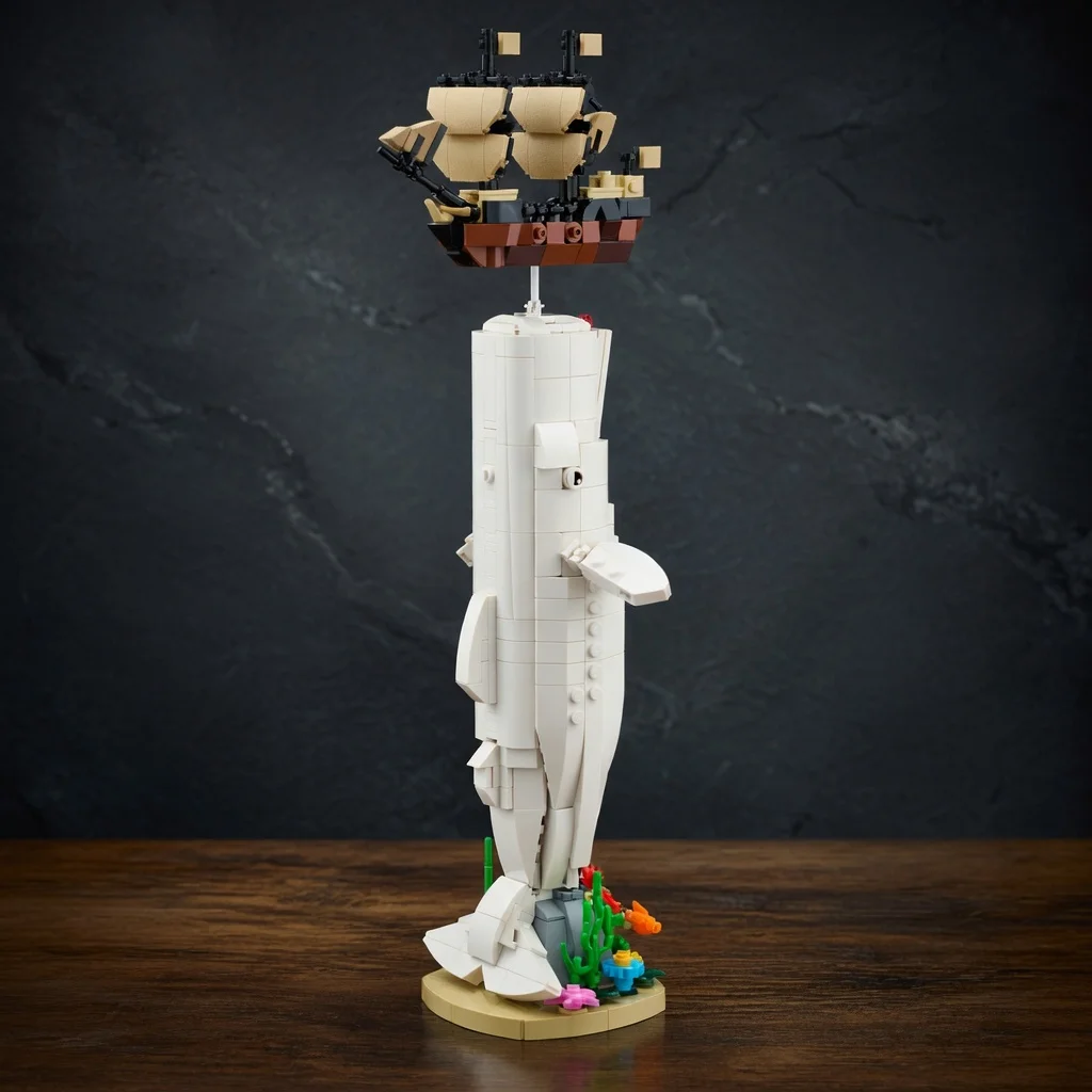 Bloques de Construcción MOC de Ballena Blanca y Barco de Vela, Modelo de Ladrillos de Ballena Espada de Moby Dick, Colección Náutica DIY para Adultos, Regalo DIY