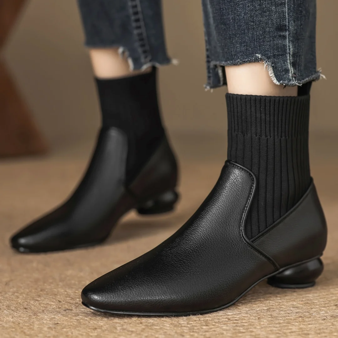 Women's genuine leather stretch knit patchwork slip-on autumn ankle Chelsea boots elegant ladies slim daily short booties shoes