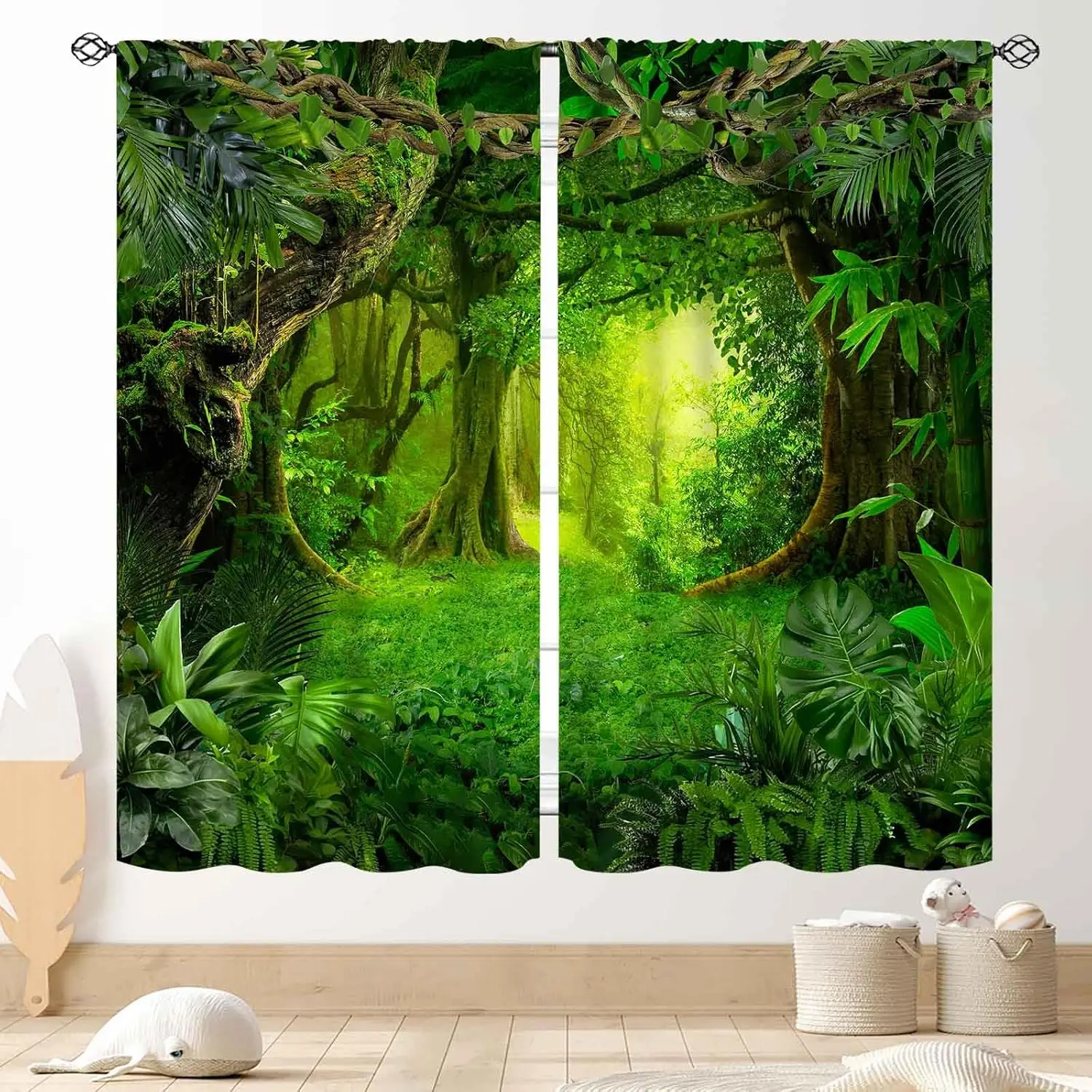

Jungle Curtains for Bedroom, Forest Green Nature Tropical Palm Jungle Trees Rainforest Woodland Wildlife Landscape Scenery Print