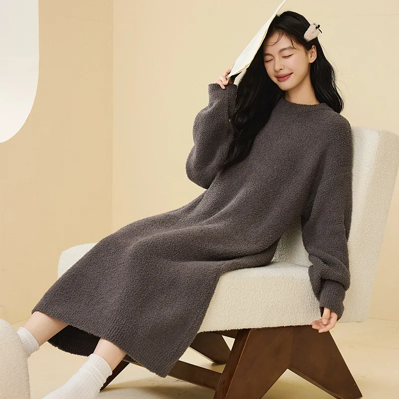 

Женская одежда, ночная рубашка с ворсом, осенне-зимняя свободная длинная стильная ночная рубашка, пижама с капюшоном выше колена, сохраняющая тепло